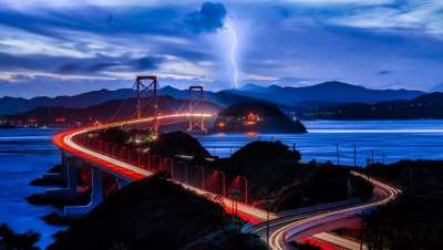 桥 夜晚 光径 闪电 海 路 雷 天空 黑暗的