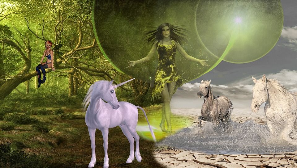 幻想, 独角兽, 精灵, 森林, 神秘主义, 马匹, 神秘生物, 蒙太奇, 沙漠