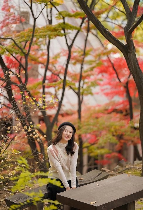 女士 长椅 微笑 模型 公园 树叶 叶子 秋天 肖像