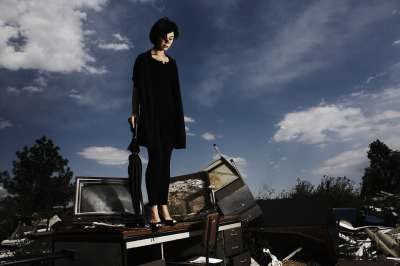 伞 独自的 伤心 沮丧 弃 肖像 女子 美丽 年轻模特 模型