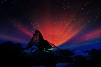 马特宏峰 瑞士 幻想 景观 夜晚 极光 星星 天空 黑暗的