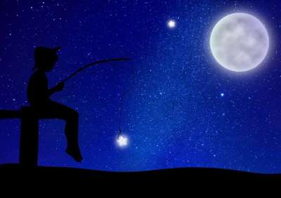 星空 月亮 男孩 钓鱼 星星 幻想 轮廓 横幅 晚安 夜空