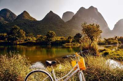 中国 景观 日出 山 形成 自行车 旅行 运输 河 反思