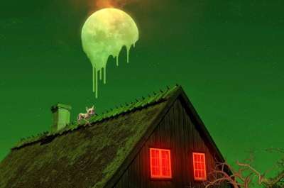 月亮 燃烧 熔化 幻想 屋顶 窗户 房子 舱 树木 枝杈