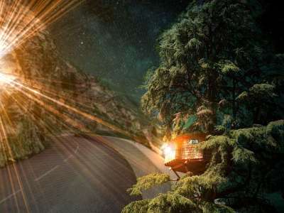 树 房子 路 星空 幻想 夜空 夜晚的星星 岩石 丘陵 银河