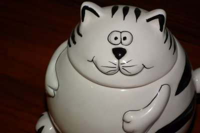 猫 瓷 塑像 餐具 糖罐 特写 有条纹的 黑色和白色 搞笑