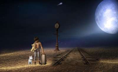 幻想 夜晚 男孩 独自的 月亮 铁轨 手提箱 孤独 天堂 星星