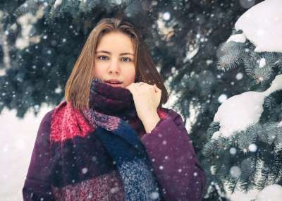年轻女子 冬季 天气 寒冷的 雪 圣诞树 纵向 森林 围巾