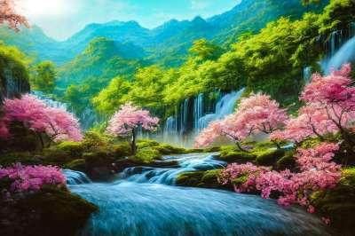 山 河 开花 树木 瀑布 绘画 幻想 生成的Ai