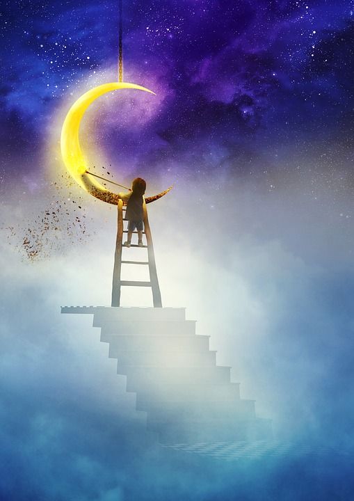 幻想图片 星空 月亮 孩子 梯子 楼梯 发光 扫帚 干净的