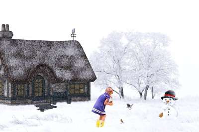 冬天 雪 降雪 房子 女孩 雪人 动物 鸟类 兔子 幻想