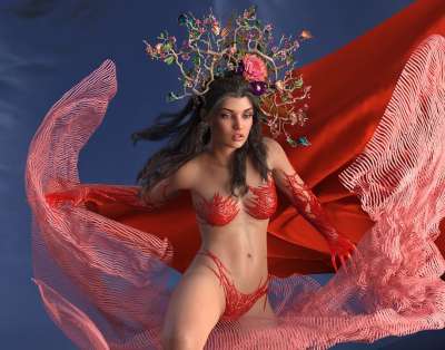 女士 舞蹈家 裸 面纱 姿势 时尚 美丽 3D 渲染
