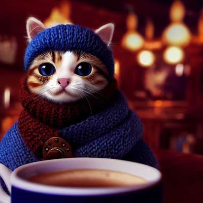 猫 冬天 外套 小猫 动物 寒冷的 杯子 喝 肖像 油画