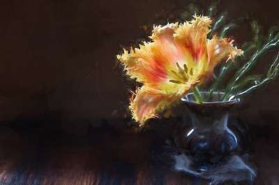 绘画 图片 花 郁金香 花瓶 春天的花朵 黄色 橙色的