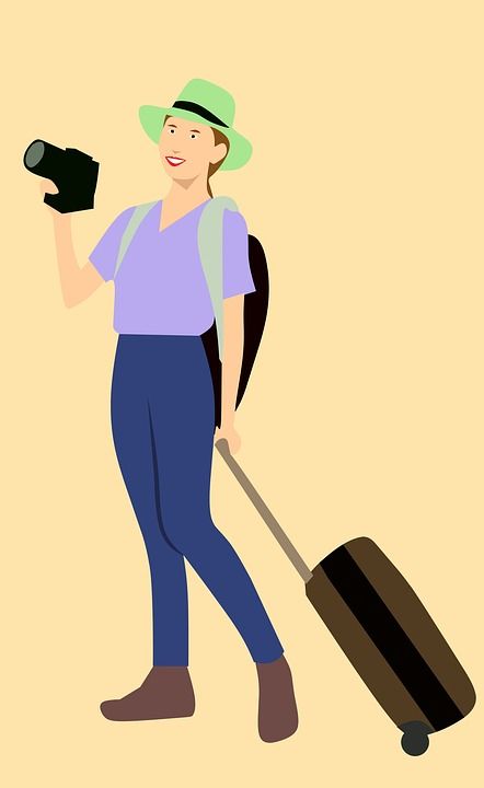 游客 旅行 卡通人物 主意 包 相机 随意的 步行 女士 年轻