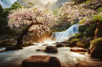 瀑布 河 樱花 开花 树木 幻想 热带 天堂 生成的Ai