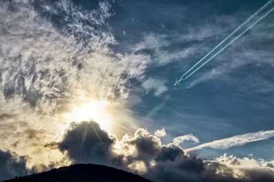 日落 天空 云 飞机 积云 太阳