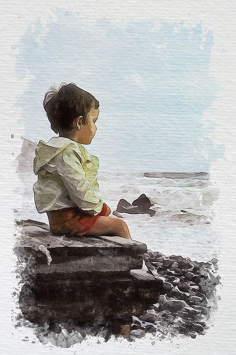 家伙 儿童 海滩 海 波浪 绘画 水彩 数字艺术