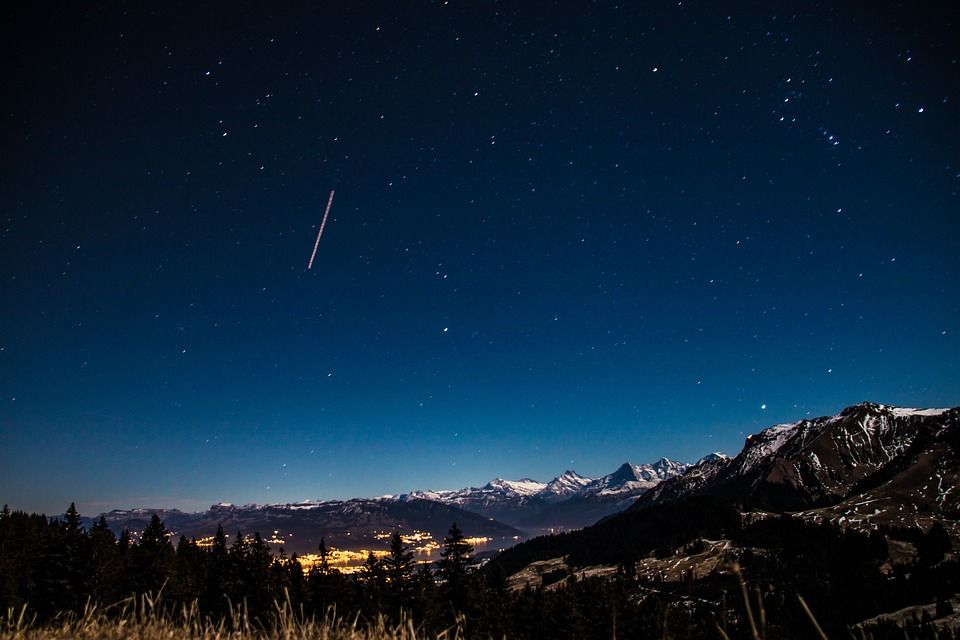 星空, 星星, 山, 长期接触, 傍晚的天空, 瑞士, Gurnigel, 夜空