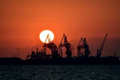 日落 港口 天空 海 起重机 景观 太阳 轮廓 阳光 萨洛尼卡