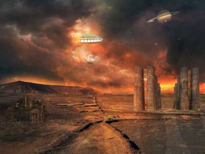 建筑物 太阳爆发 飞船 科幻小说 土星 日落 破坏 行星 空间