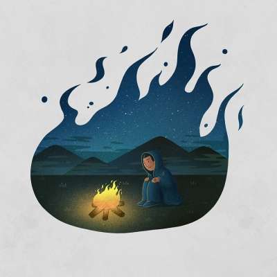 男人 篝火 火焰 原野 夜晚 创造力 绘画 艺术 轮廓 大纲