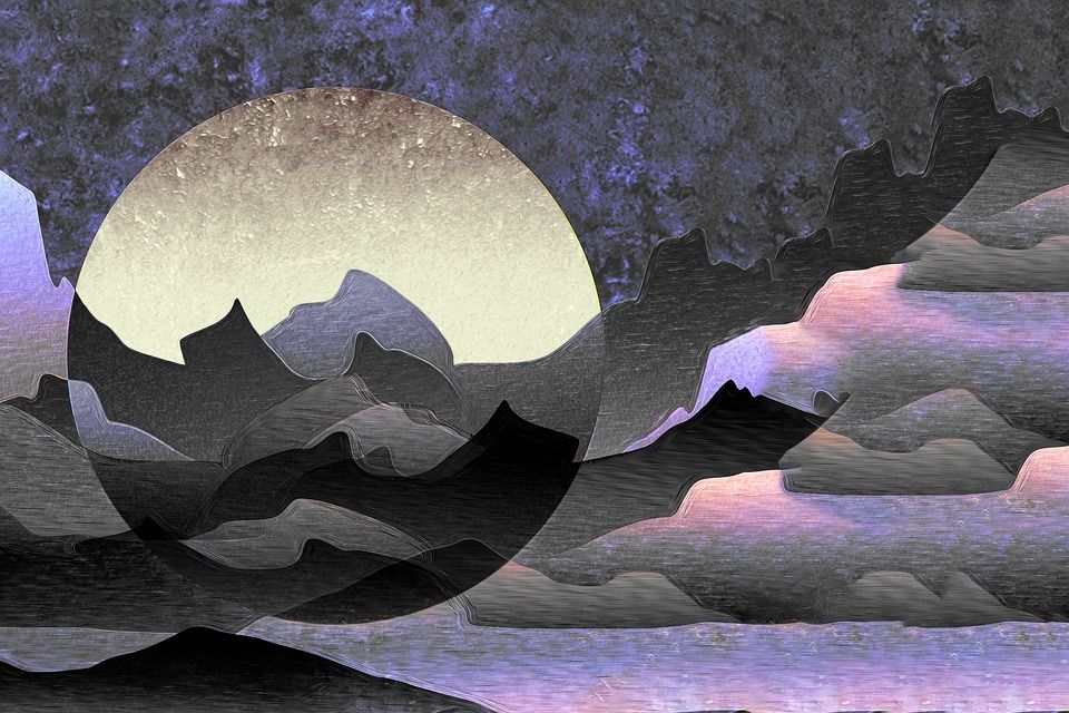 抽象, 山, 景观, 场景, 紫色的, 黑色的, 月亮, 太阳, 水彩, 绘画