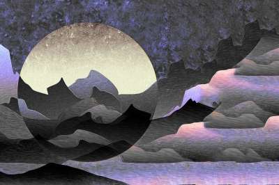 抽象 山 景观 场景 紫色的 黑色的 月亮 太阳 水彩 绘画