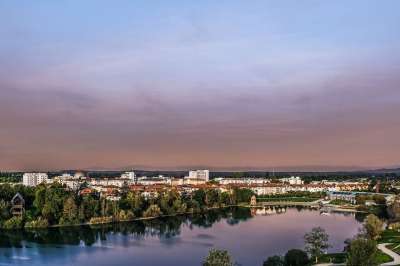 公园 湖 日落 弗赖堡 全景 地平线 建筑物 长廊 城市