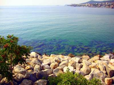 海 岩石 希腊 卡瓦拉 浅蓝 大海 风景 树