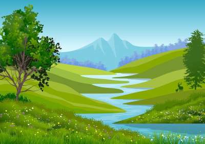 插图 背景 设计 景观 山 河 水 爬坡道 草本 花朵 花的