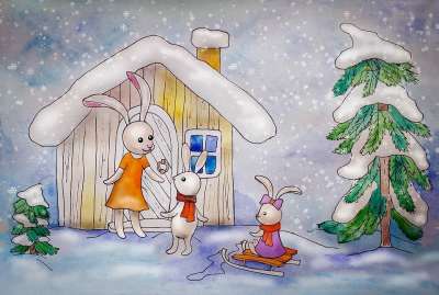 冬季 兔子 房子 家庭 妈妈 孩子们 小屋 雪 森林 降雪