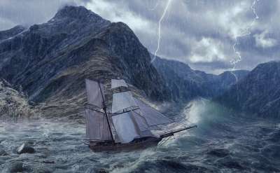 大帆船 海 风暴 波浪 雨 下雨 闪电 雷 雷雨 船 航行