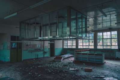 工业的 工厂 仓库 建造 损坏的 蓝色的建筑