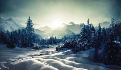 生成的Ai 山 景观 树木 冬天 雪 阳光 森林 远景 户外