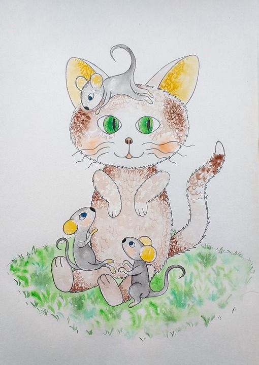 小猫 鼠 插图 儿童是童话故事 水彩 画画 卡通片 染色 孩子