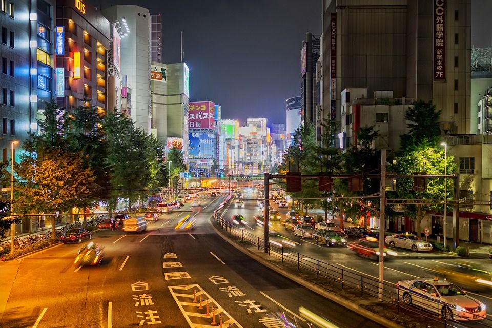 东京, 日本, 城市, 城市的, 街道, 结构, 夜晚, 晚上, 灯, 反射