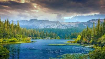 山 林地 湖 森林 景观 树 绿色 风景 天空 风景秀丽的