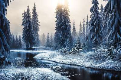 生成的Ai 幻想 景观 冬天 雪 河 树木 森林 太阳 户外