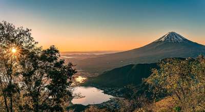 富士山 湖 景观 全景 日出 秋天 日本 富士山 富士山
