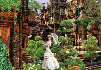 女士 花园 幻想 背景 森林 鸽子 房子 鸟类