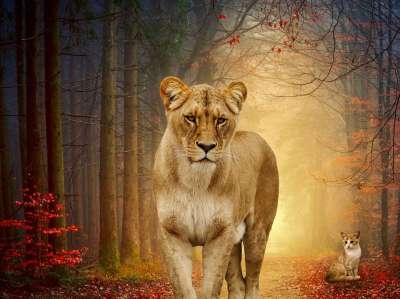 母狮 狮子 野生猫 森林 猫 猫科动物 日落 自然 树木 秋天