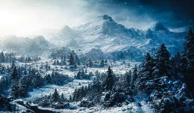 生成的Ai 幻想 冬天 景观 远景 山 树木 林