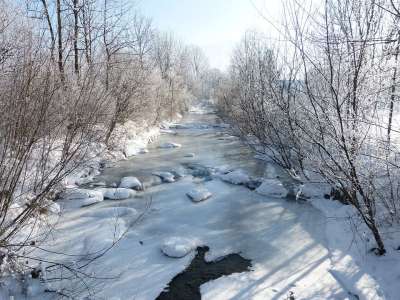 冬天 流动 冻结 雪 河岸 自然 冬季景观 寒冷的 霜 下雪的