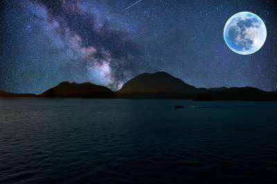 星系 夜晚 满月 海 星空 宇宙 星星 天堂 天文学 星座