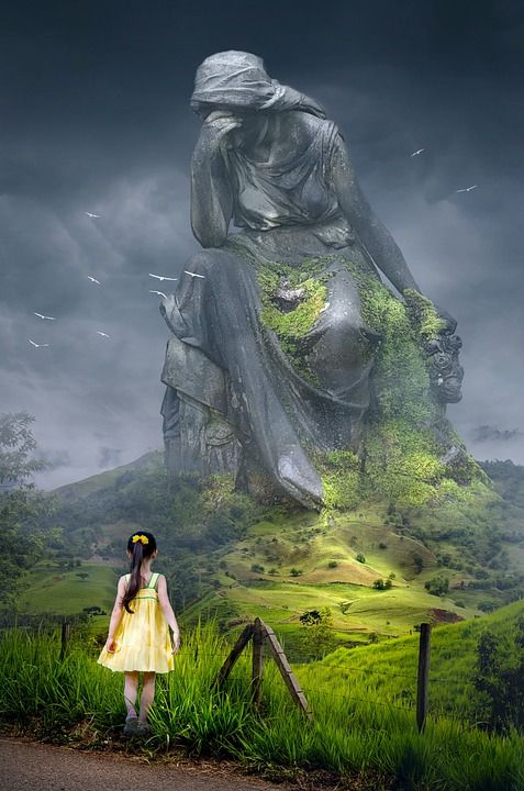 幻想 景观 纪念碑 孩子 女孩 雕像 伤心 天堂 神秘 自然
