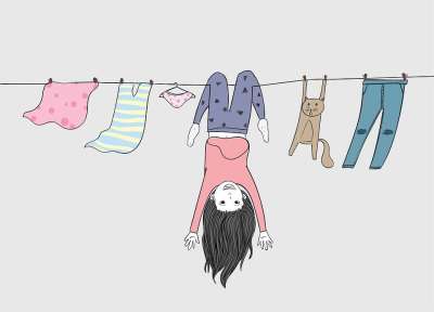 女孩 颠倒 晾衣绳 衣服 洗衣店 猫 悬挂 绞刑 干净的 洗