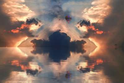幻想 天空 日落 热气球 云 景观 海