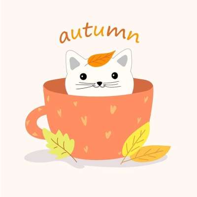 猫 杯子 秋天 树叶 咖啡 茶 马克杯 小猫 宠物 动物