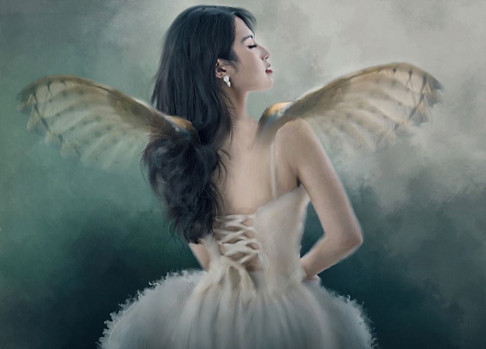 女士, 翅膀, 猫头鹰的翅膀, 长发, 黑色的头发, 白色的裙子, 衣, 羽毛